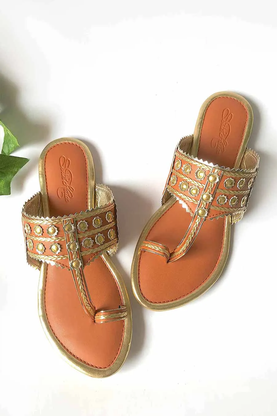 Tan Gold Filigree Kolhapuri Flats
