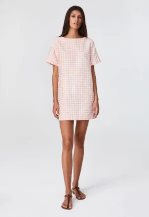 THE T-SHIRT DRESS in CORAL GINGHAM BOUCLE COTTON