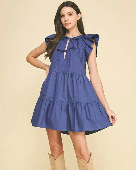 Tie Detail Mini Dress - Dusty Navy