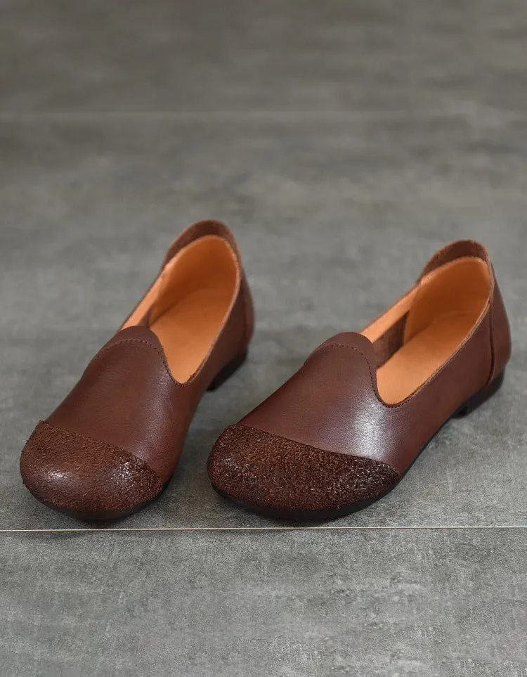 Toe Leather Stitching Soft Leather Retro Flat Shoes