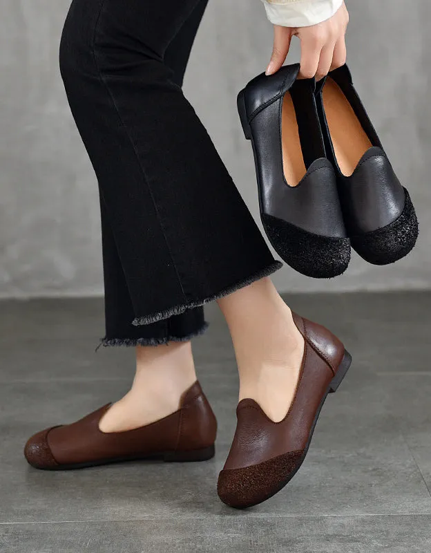 Toe Leather Stitching Soft Leather Retro Flat Shoes