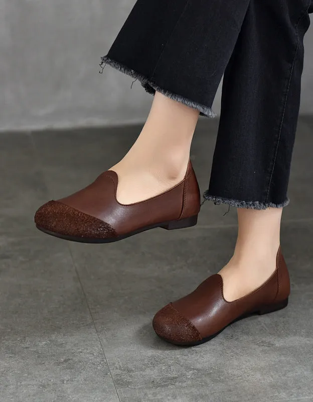 Toe Leather Stitching Soft Leather Retro Flat Shoes