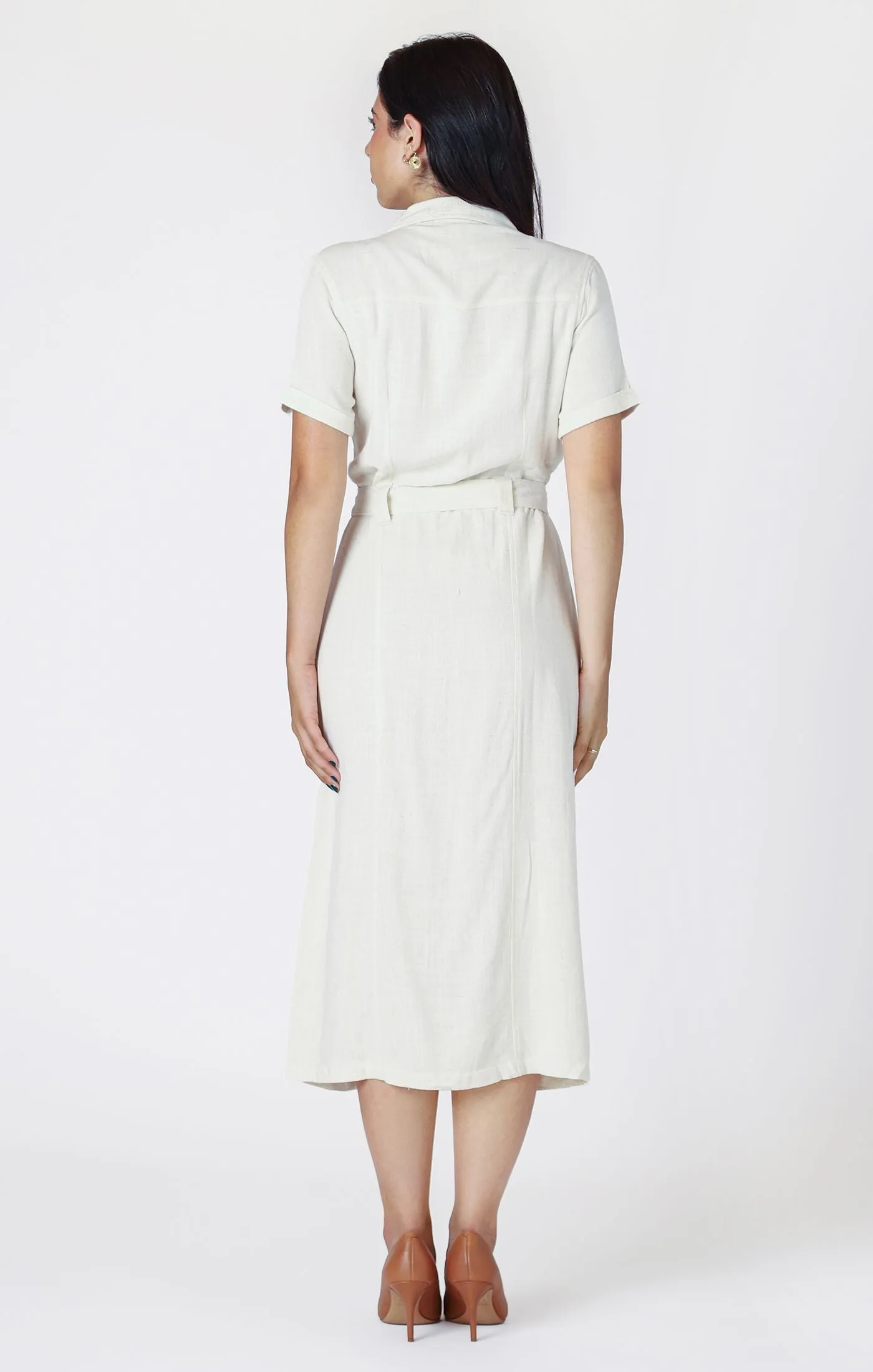 Utility Linen Mix Shirt Dress - Cream