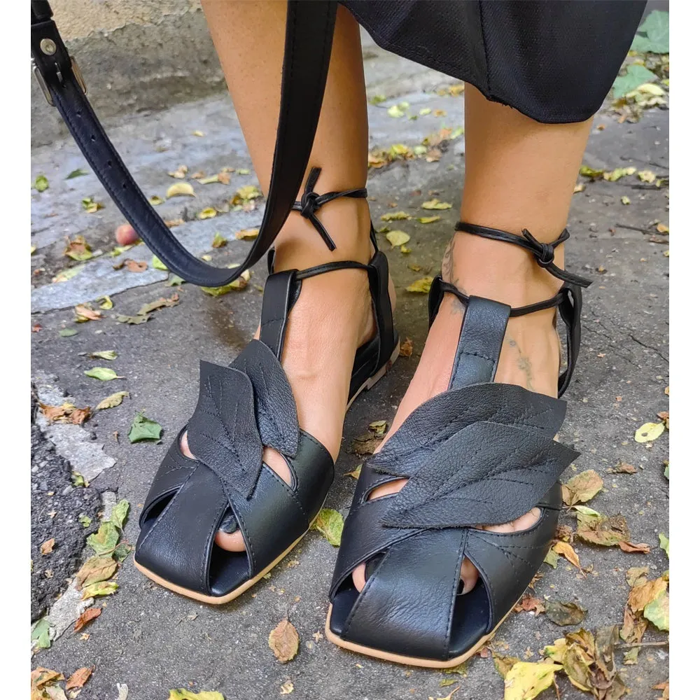 Wind black leather sandals
