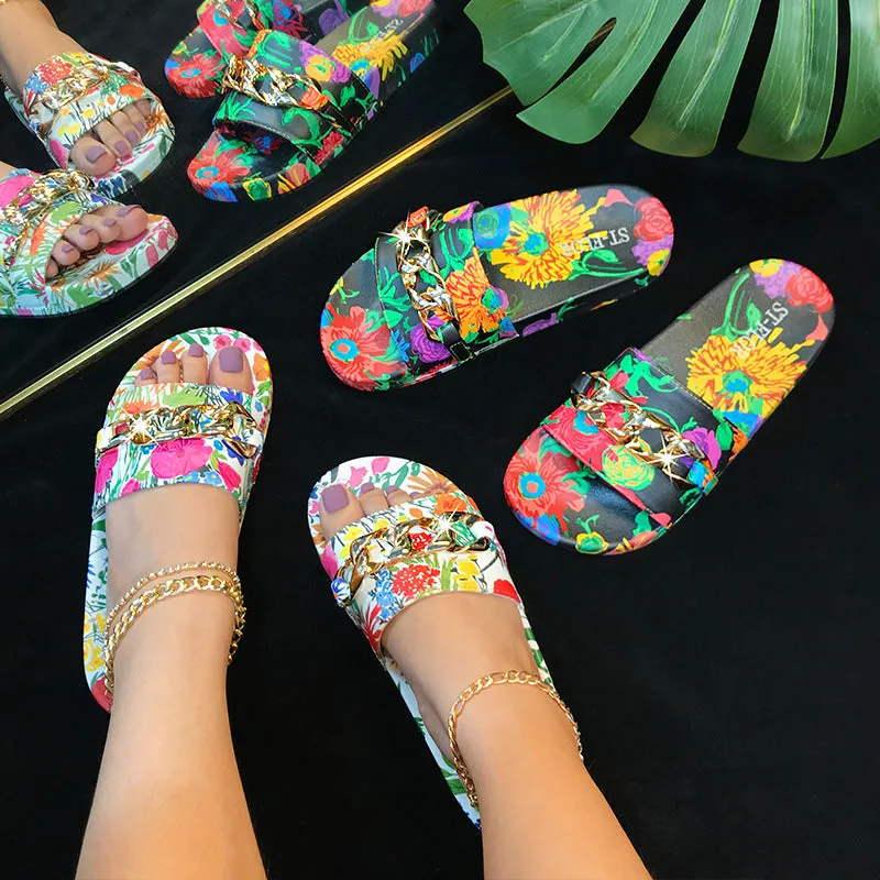 Women Fashion Floral Chain Light Comfortable Peep Toe Slippers