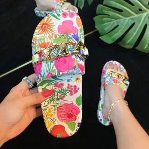 Women Fashion Floral Chain Light Comfortable Peep Toe Slippers