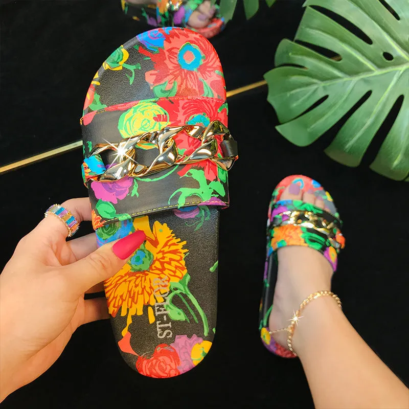 Women Fashion Floral Chain Light Comfortable Peep Toe Slippers