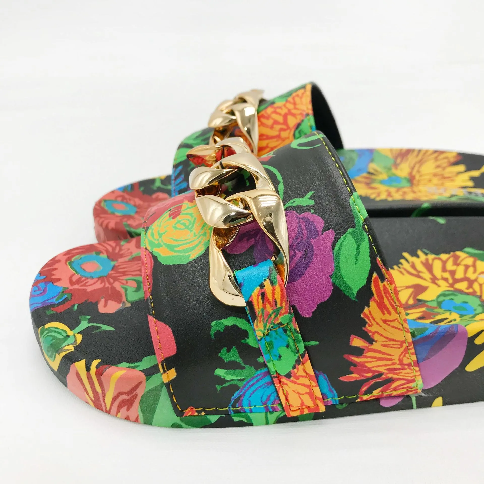 Women Fashion Floral Chain Light Comfortable Peep Toe Slippers