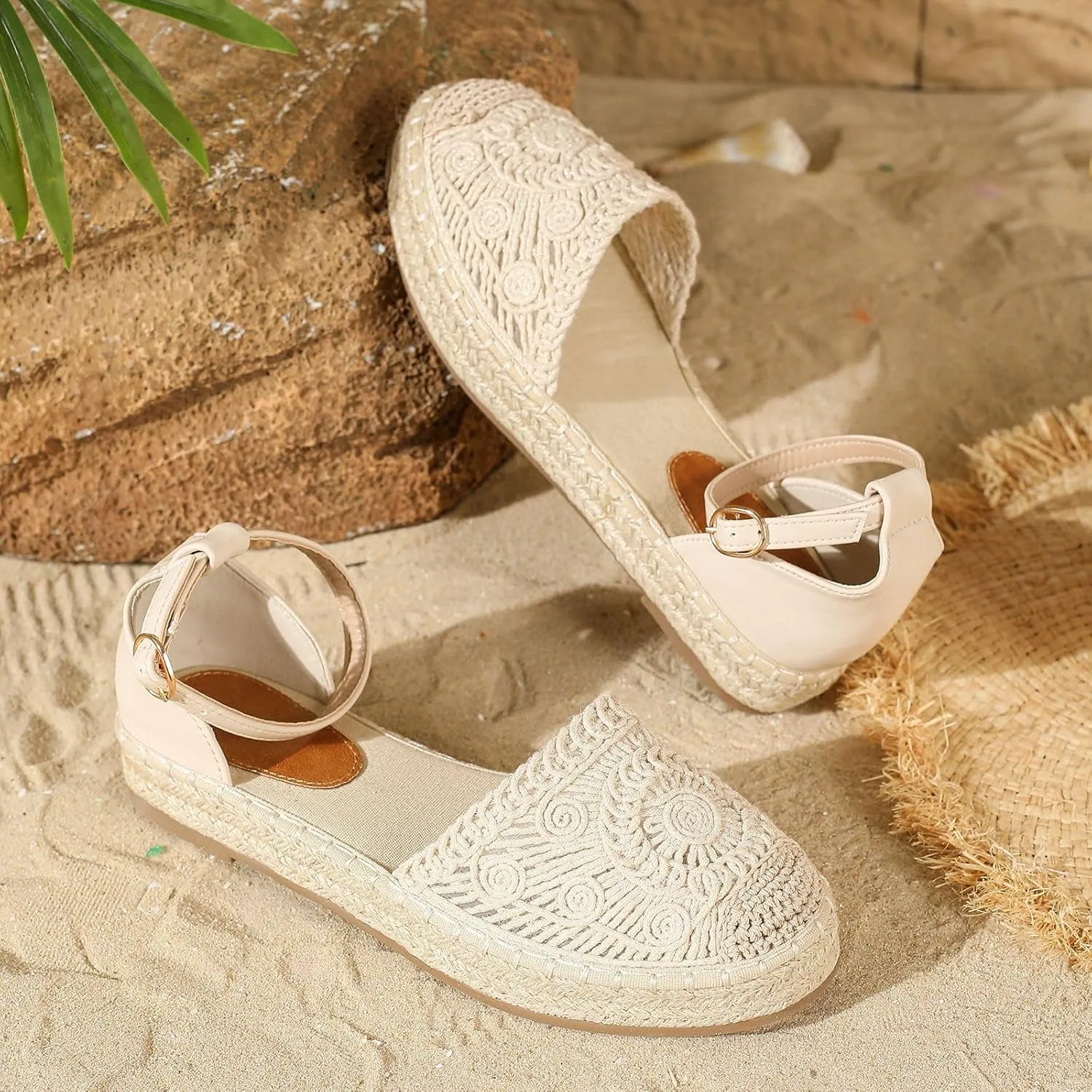 Women's Closed Toe Casual Woven Espadrilles Platform Straw Sandals Boho Summer Beach Ankle Buckle Vacation Shoes