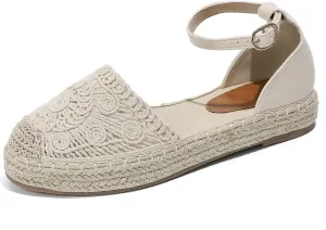 Women's Closed Toe Casual Woven Espadrilles Platform Straw Sandals Boho Summer Beach Ankle Buckle Vacation Shoes