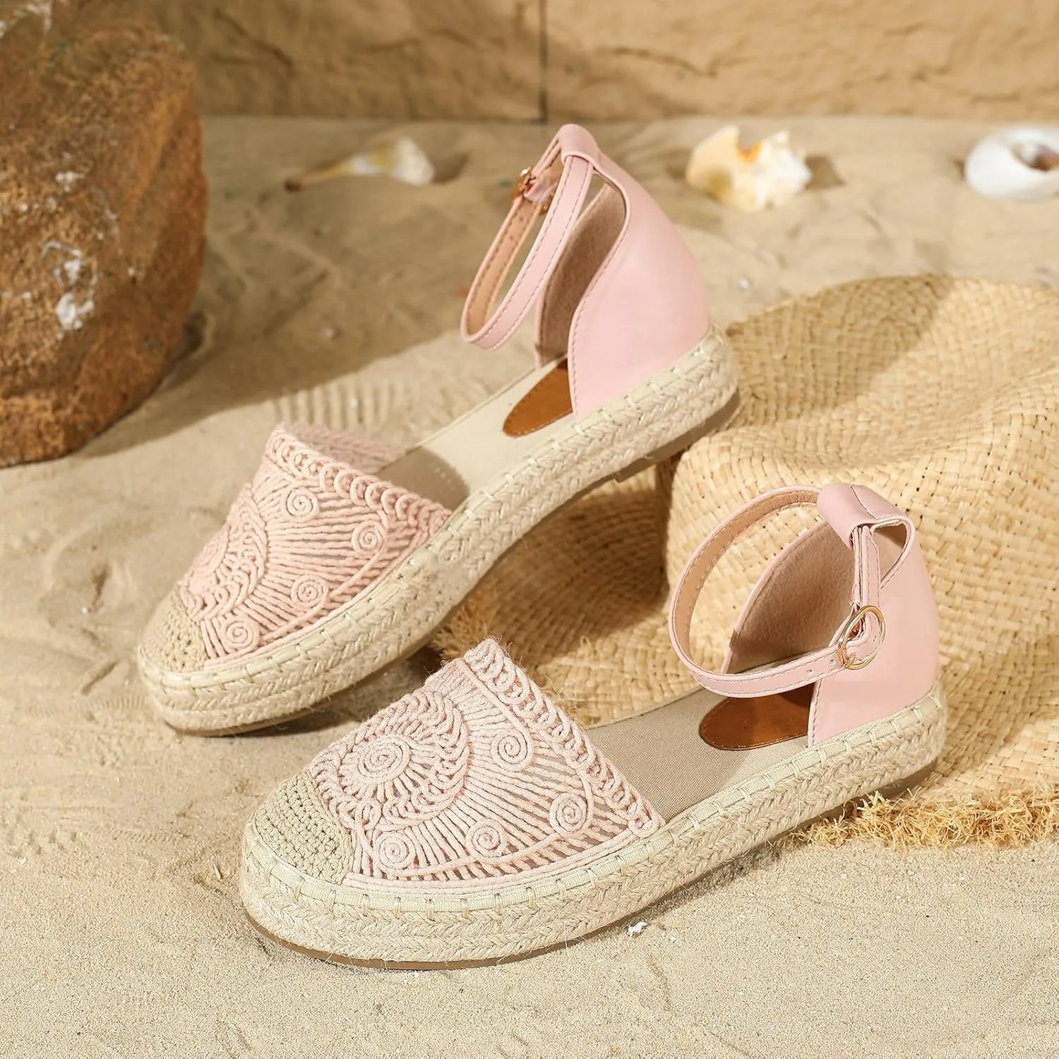 Women's Closed Toe Casual Woven Espadrilles Platform Straw Sandals Boho Summer Beach Ankle Buckle Vacation Shoes